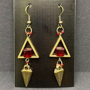 Handmade Triangle with Spike & Red Glass Bead Bronze Tone Earrings by Neanie-Bot
